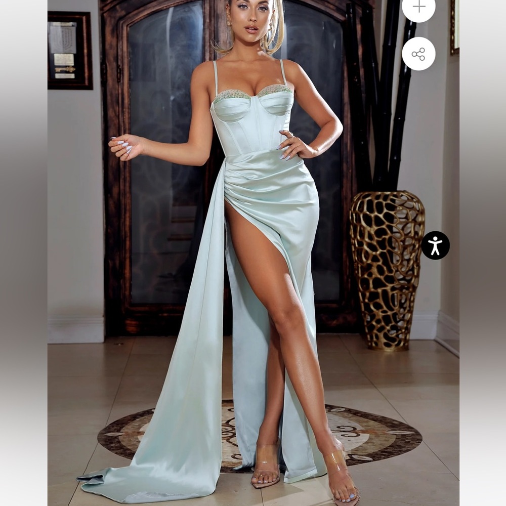 Miss Circle Vanity Mint Satin High Slit Draping Corset Gown With Crystals